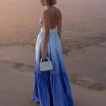 Gradient Color Hollowed Out Pleated Maxi Dress New Fashion V-Neck Sleeveless Summer Vacation Loose Dress