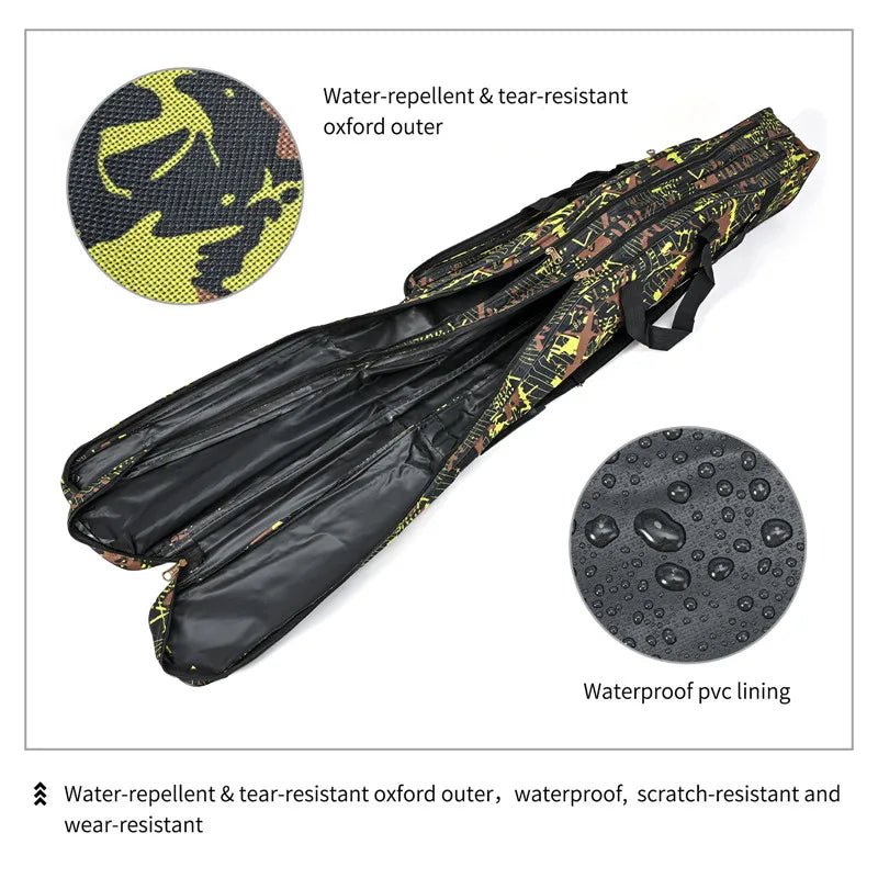 Fishing rod bag with water-repellent and tear-resistant oxford outer and waterproof PVC lining, shown with close-up details.