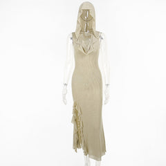 Women's Ruffle Sleeveless Midi Hooded Y2K Beach Dress