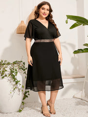 Plus Size Evening Dress for Spring Summer and Fall V Neck Short Sleeve Sequined Waist Elegant Lace Wedding Party Midi Dress