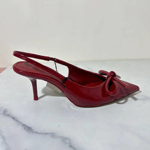 Red Patent Leather Pointed-Toe Slingback Heels with Bow – Chic & Elegant