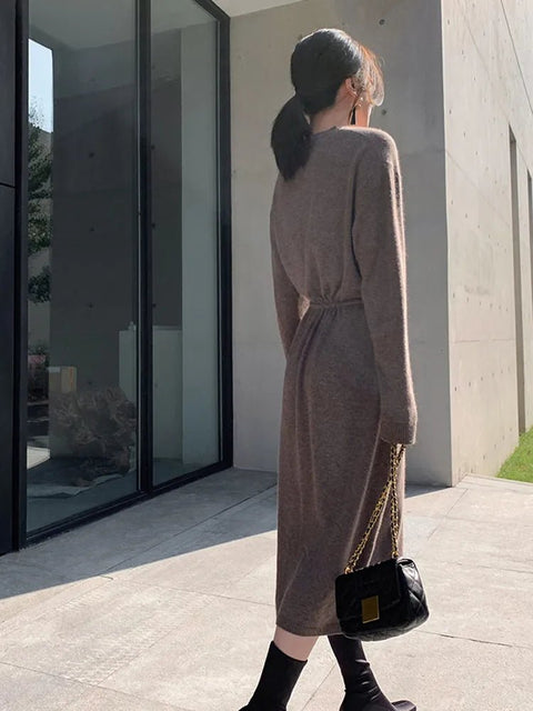 Knit Midi Dress Women Vintage V-Neck Bodycon Elegant Button Office Casual Fashion Dress