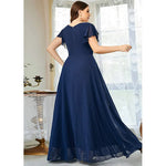Plus Size Royal Blue V-Neck Chiffon Maxi Dress Short Sleeve Elegant Evening Wedding Party Prom Dress
