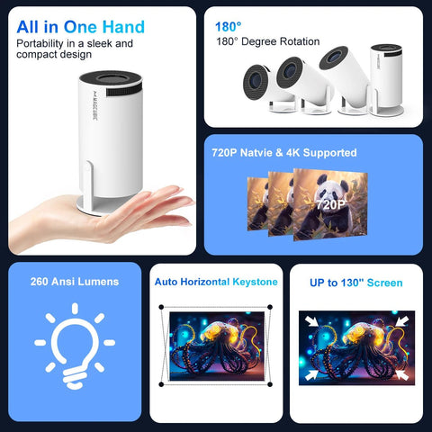 Product features including portability, rotation, resolution support, light output, and screen display on a dark background.