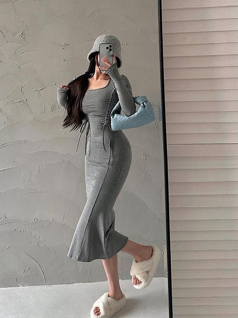 Drawstring Pleated Maxi Dress Women Long Casual Elegant Beach Party Fashion Dress