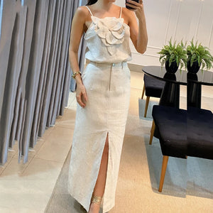 Women's Cotton Linen Skirt Suit Sexy Front Flower Sling Top and Split Long Skirt Outfit Backless Hollow Set