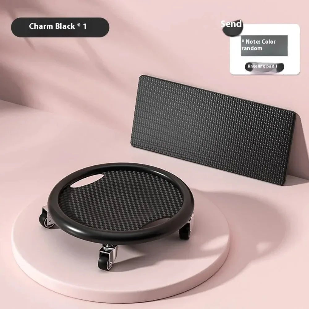 Black circular desk pad and rectangular memory foam pad on a pink background