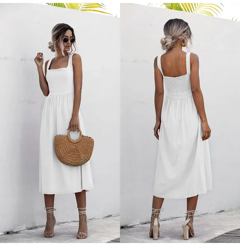 Long Backless Summer Dress Sexy Casual Ruched Midi Sundresses Pleated Spaghetti Straps