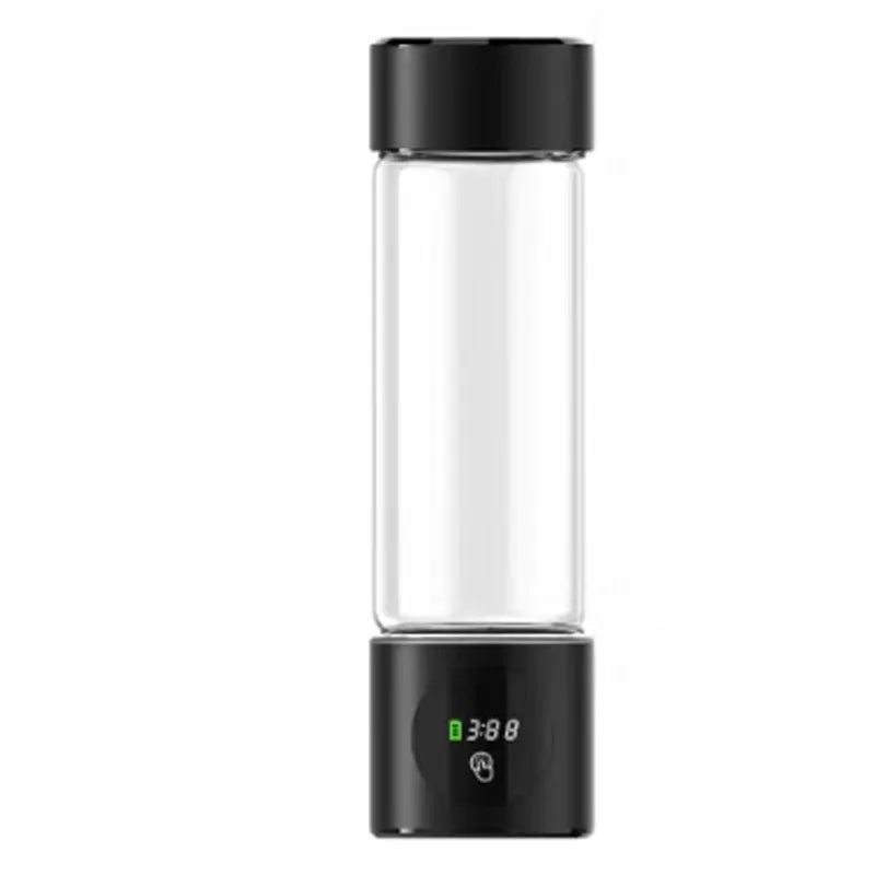 Clear glass bottle with black lid and base displaying digital time on a white background
