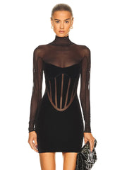Boutique Fashion Women's Sexy Turtleneck Long Sleeve Mesh Black Mini Bodycon Bandage Dress Elegant Evening Club Party Dress