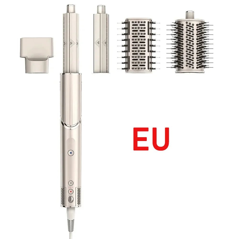 Hair styling tool with multiple attachments on a white background, featuring 'EU' label.