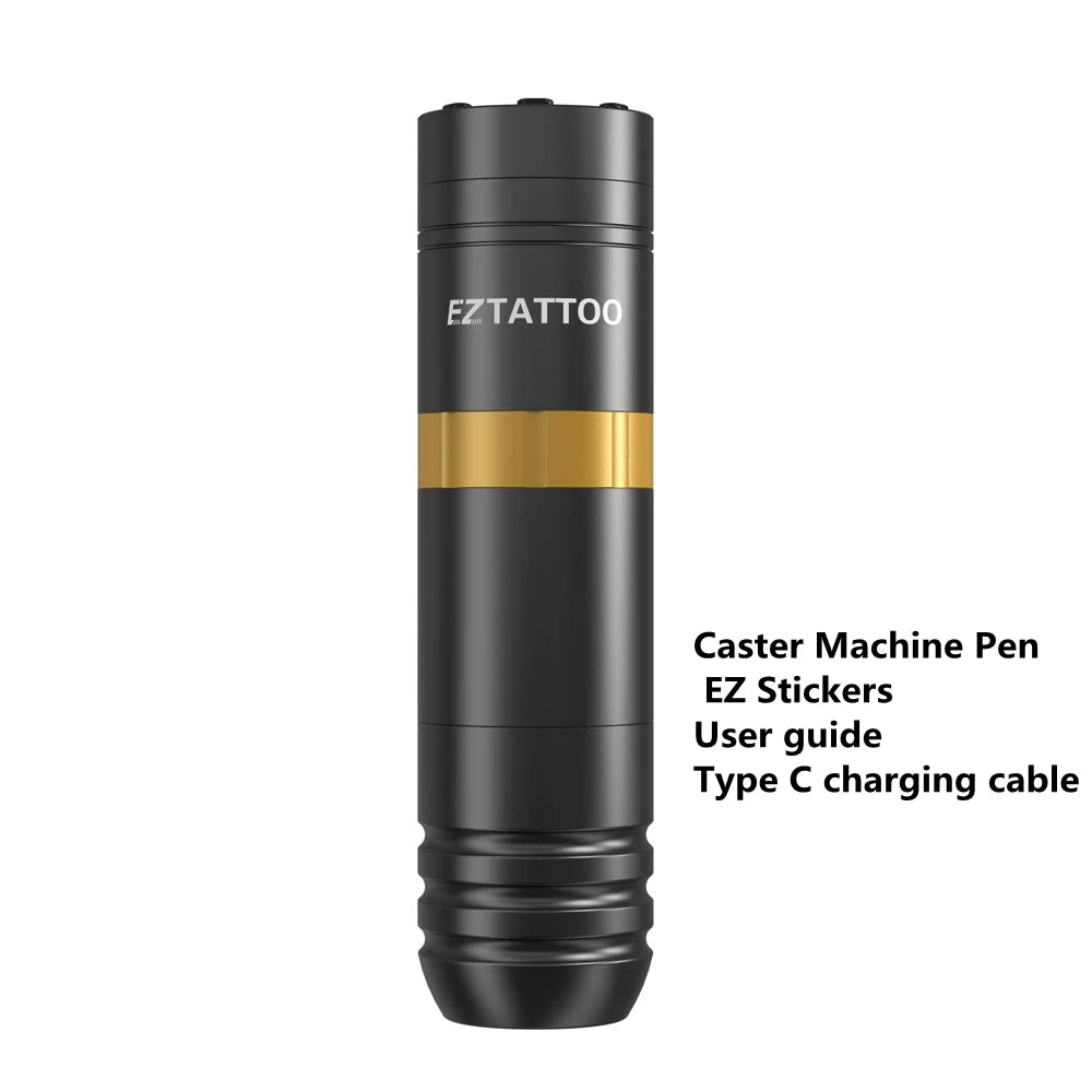 Black tattoo machine pen with gold accent on a white background