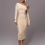 Diagonal Collar Long Sleeve Midi Dress Two Layer Mesh Backless Ruched Bodycon Club Party Sexy Long Dress