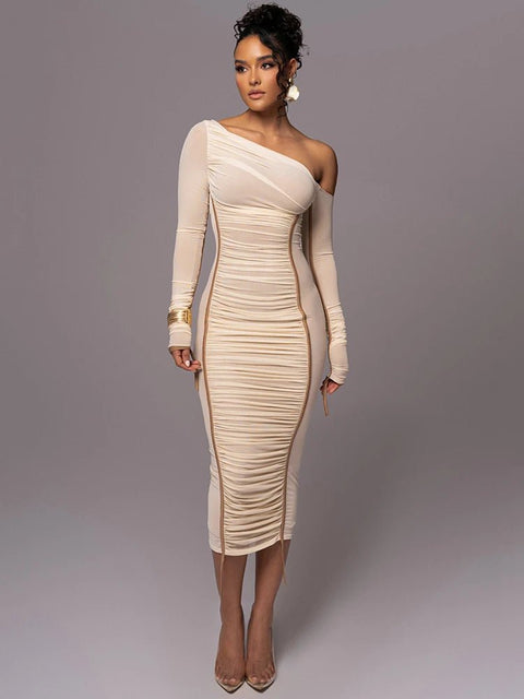 Midi Dress Women Diagonal Collar Long Sleeve Mesh Backless Ruched Bodycon Club Party Dress
