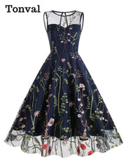 Floral Embroidered Mesh Overlay Dress Vintage Long Dresses for Women High Waist Party Elegant Summer Dress