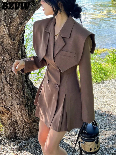 Blazer Dress Women Long Pleated A-Line Suit Coat Mini Chic Contemporary Office Fashion Dress