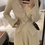 Elegant Pleated 2 Piece Skirt Set Slim Button Knitted Cardigan + High Waist Pleated Mini Skirt
