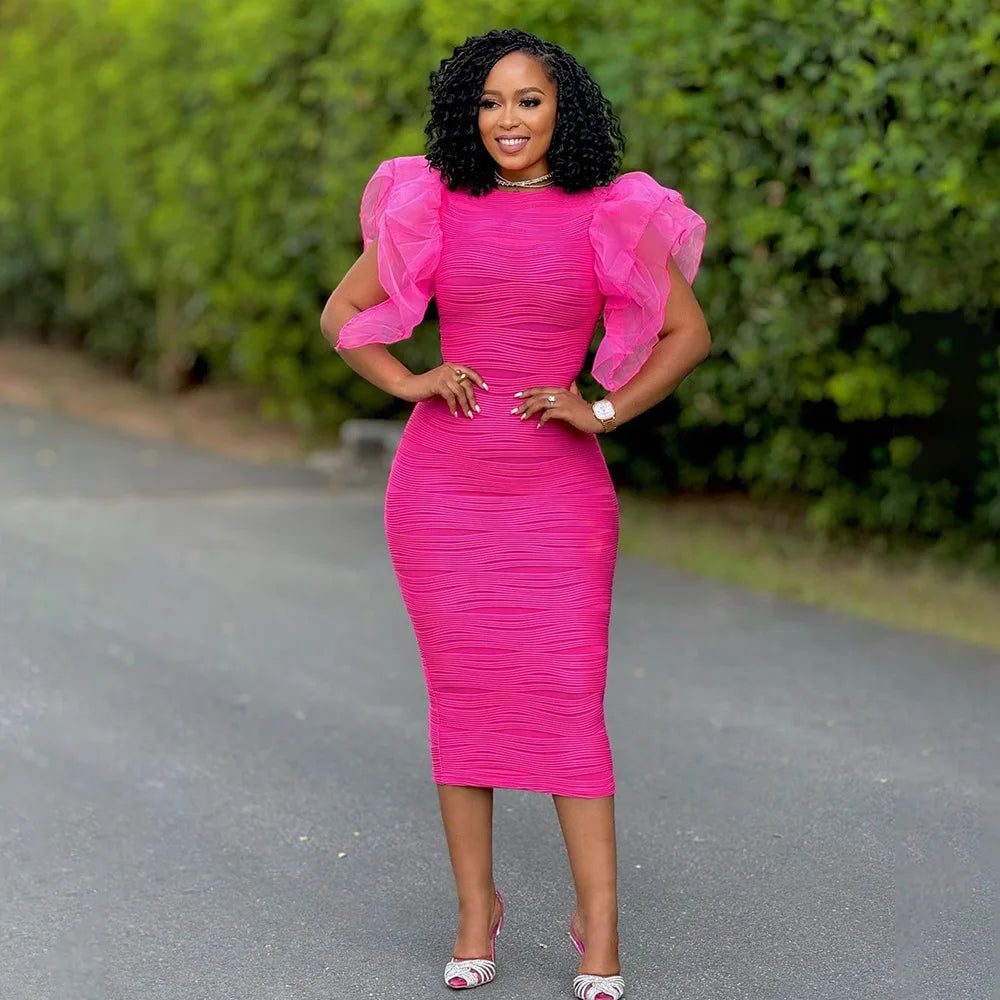 Elegant Hot Striped Bodycon Midi Dress with Sheer Ruffle Sleeves