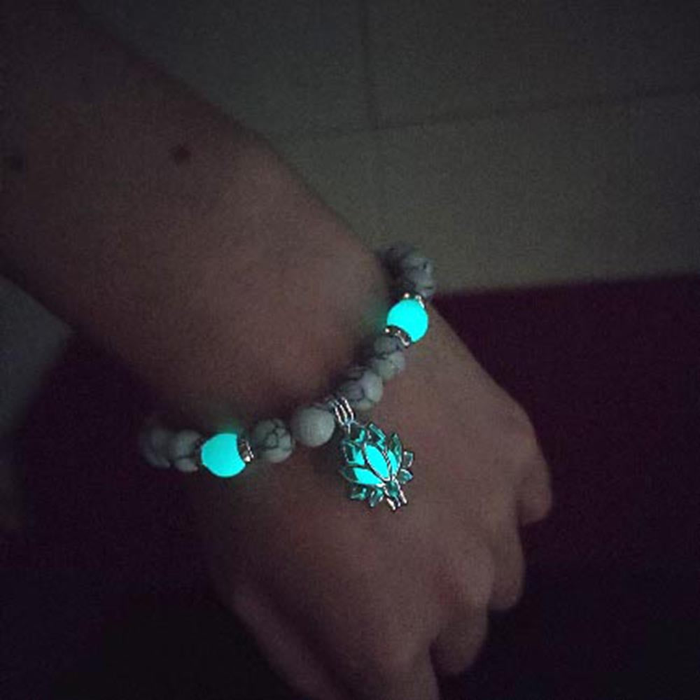 Luminous Glow In The Dark Bracelet Lotus Charm Flower Shaped Charm Bracelet for Women Natural Turquoise Stones Ladies Yoga Prayer Jewelry