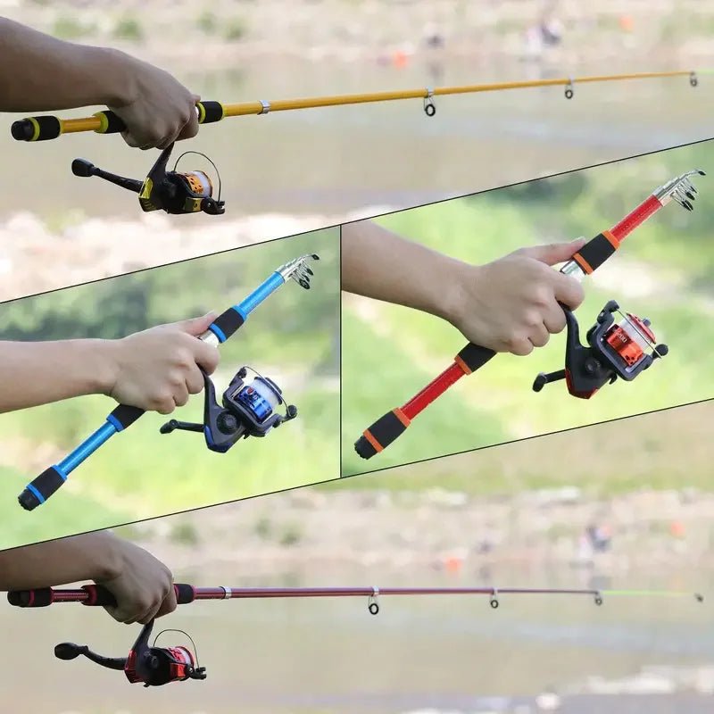 Collage of four different fishing rods with reels held by hands against a blurred natural background.