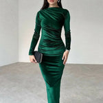 High Waist Long O-Neck Velvet Dress Folds Elegant New Fashion Office Party Bodycon Evening Dresses