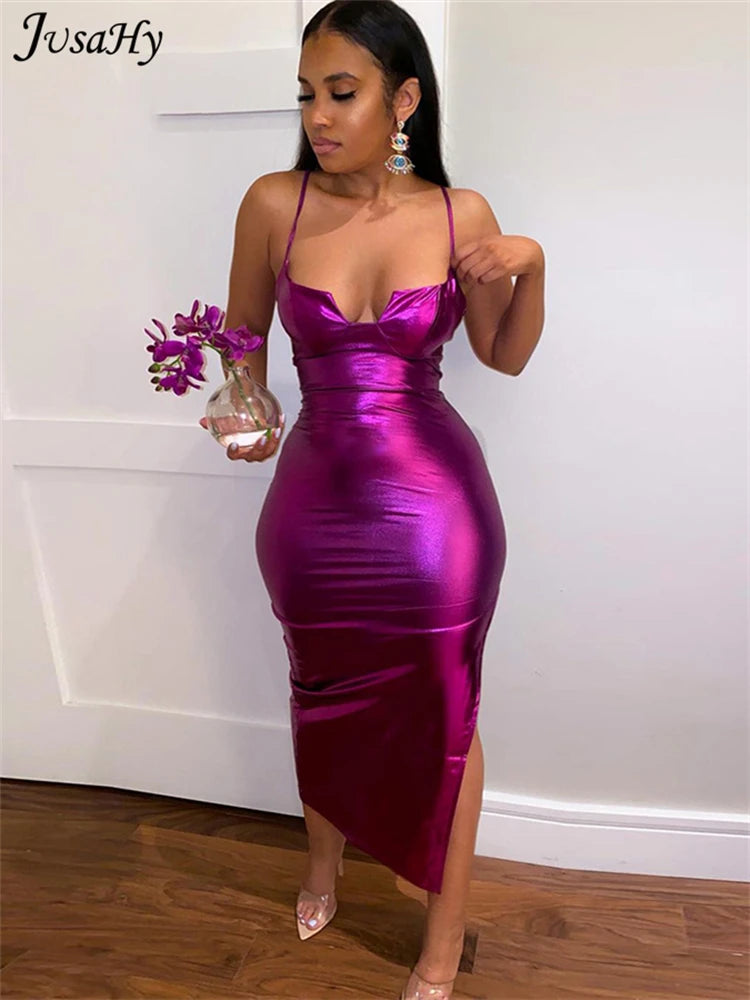 Midnight Purple Shiny Maxi Dress Clubwear New Fashion Neon Sexy Backless Strap Skinny Party Dress