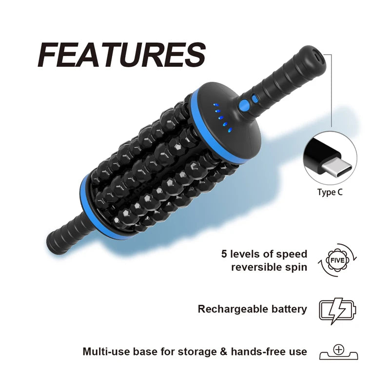 Black and blue massage roller with features listed on a white background