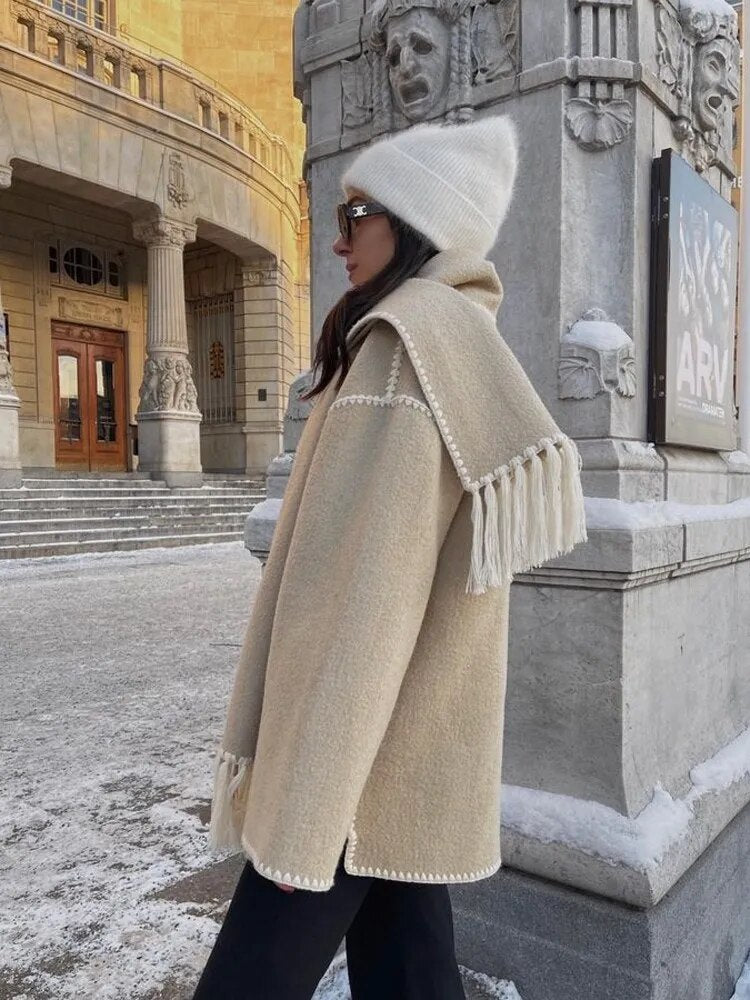 Women's Fashion Warm Coats With Scarf Elegant Single Breasted Jackets with Pockets Loose Streetwear