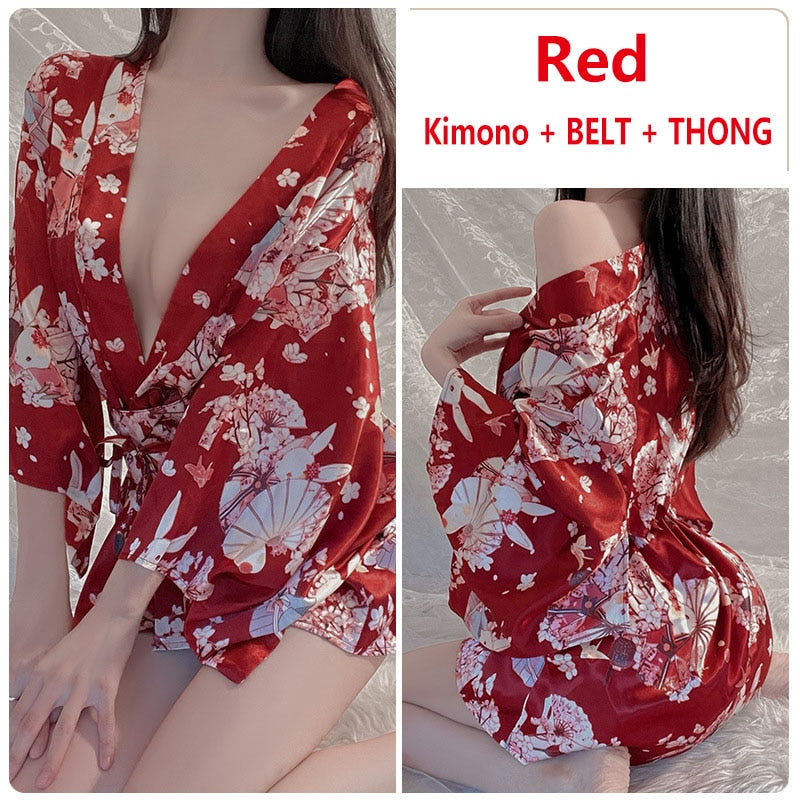 Women's Japanese Kimono Erotic Lingerie Thongs Set