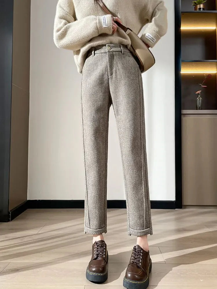 Cute Academia Tweed Straight Pants for Women Casual Herringbone Warm Thick Cropped Pants