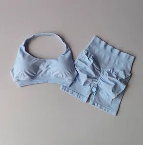 Light blue bra and shorts set on a beige background
