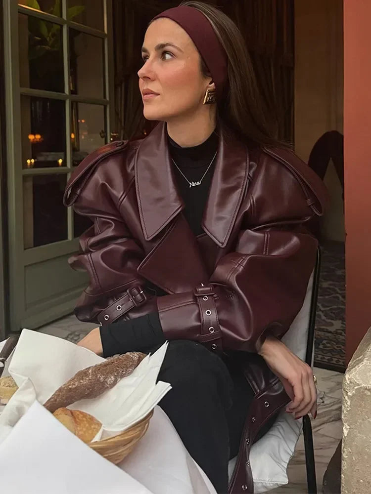 Women's Lapel Long Sleeved Short Faux Leather Jacket Chic Slim Chery Red Cropped Coat  New Fashion Street Party Jacket