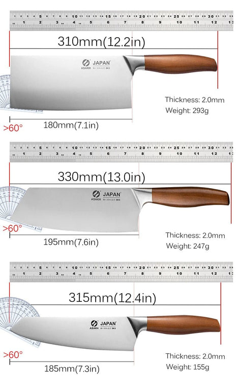 Three knives with measurements and specifications on a white background