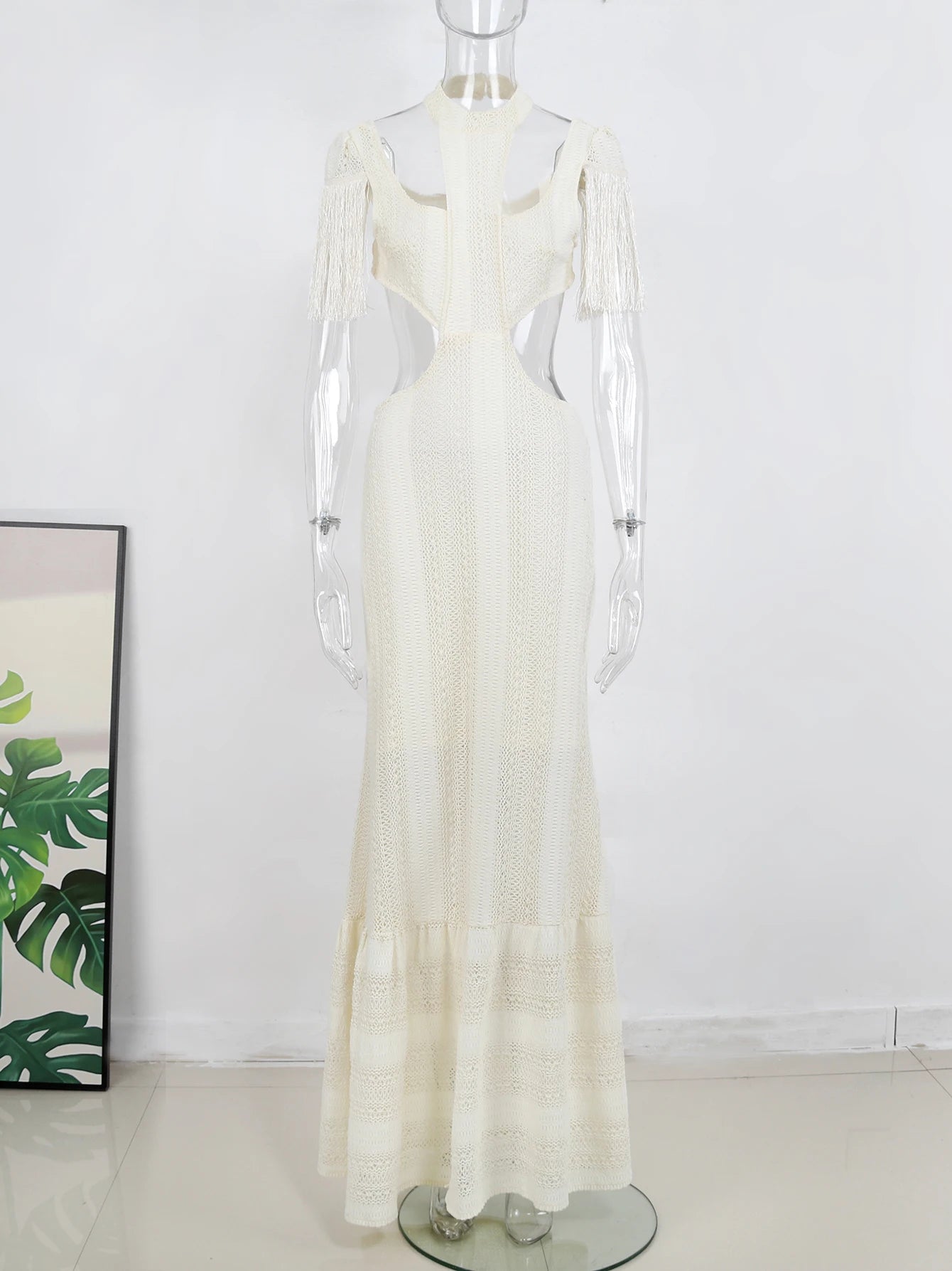 Sexy White Lace Dress Turtleneck Tassel Sleeve Slim Hollow Out Waist Long Dress Spring Summer Beach Maxi Dress