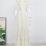 Sexy White Lace Dress Turtleneck Tassel Sleeve Slim Hollow Out Waist Long Dress Spring Summer Beach Maxi Dress