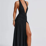 Elegant Halter Maxi Dress with High Slit in Deep Burgundy Black & White Colors