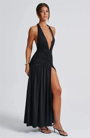 Elegant Halter Maxi Dress with High Slit in Deep Burgundy Black & White Colors