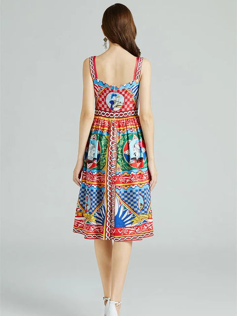 Midi Dress Women Elegant Sleeveless Slash Neck Print A-Line Casual Summer Party Dress