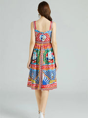 Summer Elegant Sleeveless Dress Slash Neck Print A-Line Midi Dress