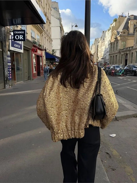 Sequin Jacket Women Shiny Gold Y2K Stand Collar Long Sleeve Short Coat Autumn Winter Office Streetwear