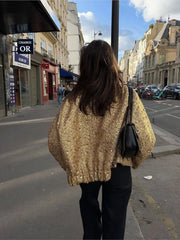 Women's Fall Fashion Shiny Sequin Jacket Y2k Gold Stand Collar Long Sleeve Short Coat Autumn Winter Office High Streetwear