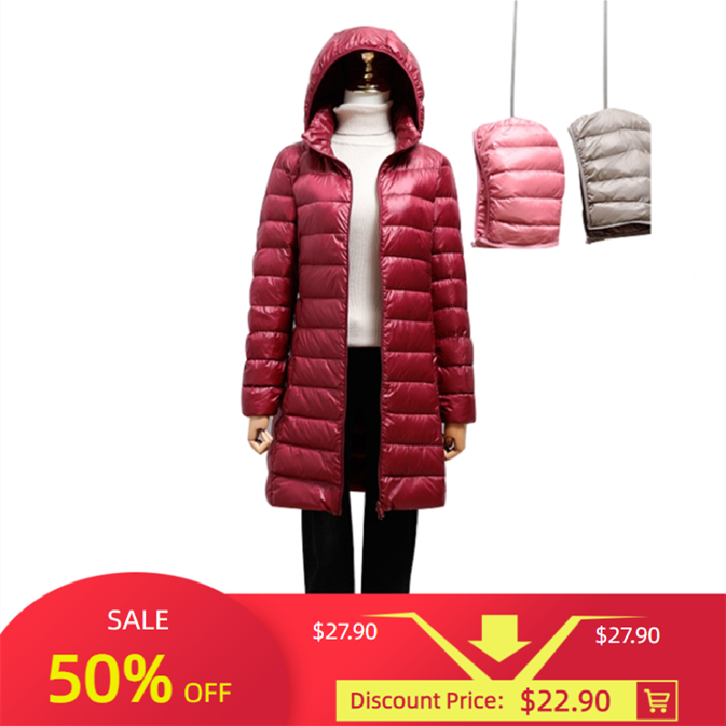 Women's Jacket Ultralight Thin Packable Long Down Jacket Puffer Slim Hooded Parka