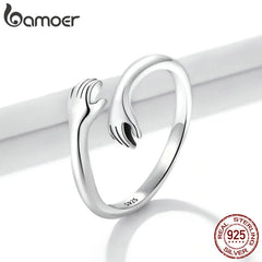 925 Sterling Silver with Platinum Plating Ring Hugging Hands Adjustable Symbol of Love and Unity Rings