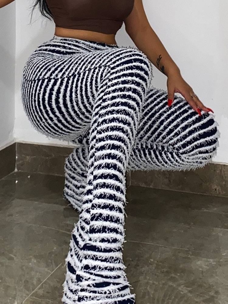 Women's Black and White Striped Knitted Stacked Pants Fuzzy Zebra High Waist Extra Long Flare Pants