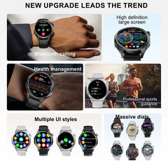 Smartwatch with various features and uses displayed on a promotional graphic.