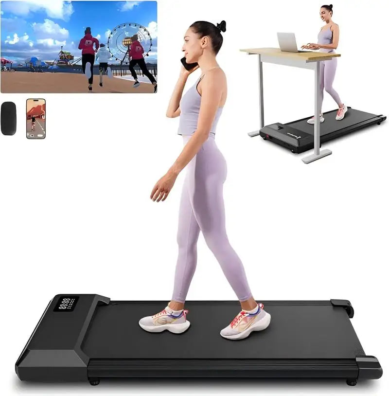 Woman using a treadmill with inset images of people running, a standing desk, and a smartphone.