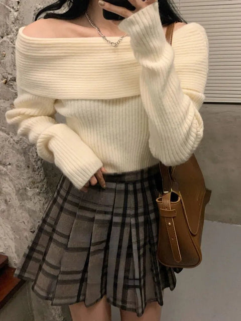 Off Shoulder Sweater Women Long Sleeve Knitted Elegant Pullover Y2K Autumn Winter Casual Fashion