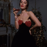 Sexy Strapless Heart Shape Crystal Design Mini Dress Black Velvet Red Heart Diamond Design A-Line Dress Evening Party Clubwear