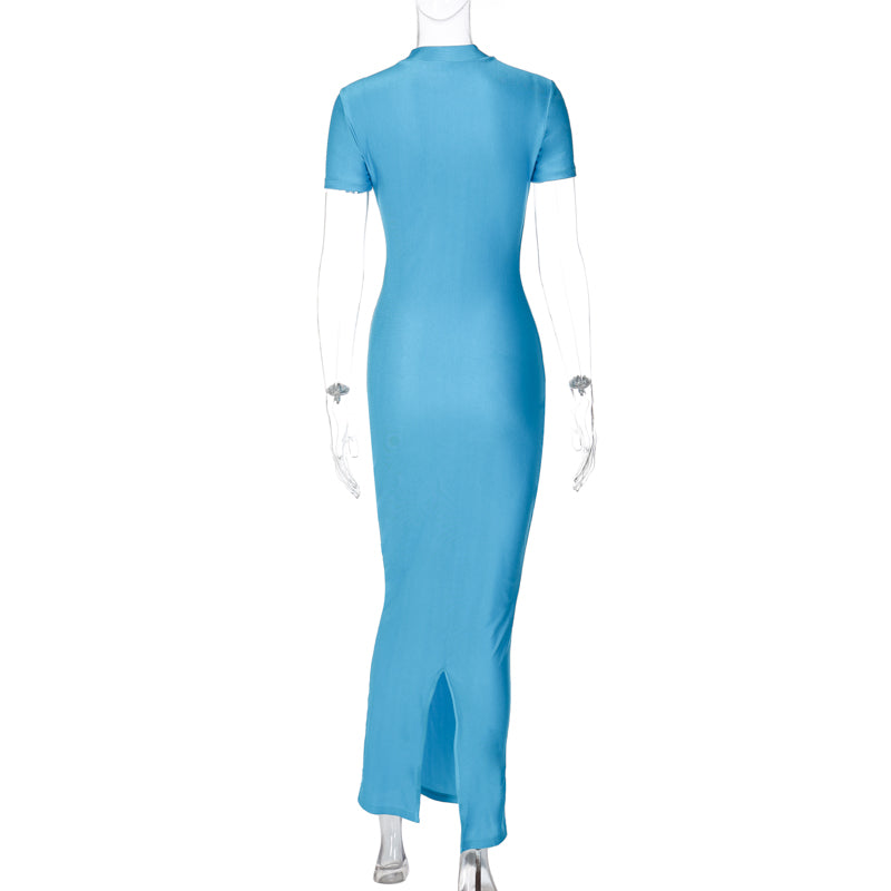Women's Slim Fit Split Short Sleeve Dress Y2K High Waist Tight Wrap Hip Bodycon Maxi Dress