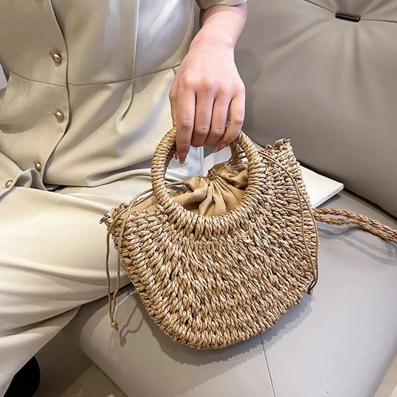 Handwoven Straw Purse Rattan Half-Moon Beach Handbag Large Capacity Women Summer Hollow Out Crossbody Shoulder Bag